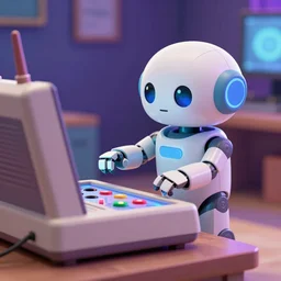 a picture of a cute humanlike robot playing with the atari 2 6 0 0 console