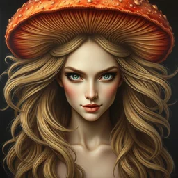 perfectly centered portrait front view of a beautiful mushroom goddess, flowing hair, intense stare, sweet smile, symmetrical, concept art, intricate detail, volumetric shadows and lighting, realistic oil painting by tim hildebrandt,