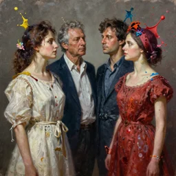 men and women in expansive clothes changing their heads, paint splashes, mid shot, extremely high details quality, bao phan, viktor safonkin, bruce pennington, larry elmore, intricate, hyperrealistic oil painting on canvas, deep depth field, hd, hdr, 4 k, 8 k