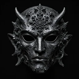 mask of god made of black iron stone, symmetrical in the center, mandelbulb fractal, fractal in the middle, warlock face, awakens black background, ultra - detail.