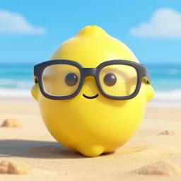 a 3d lemon wearing glasses at the beach -4