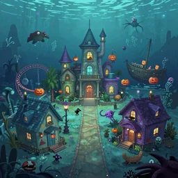 screenshot for a cartoon that takes place on a horror based suburban underwater amusement park that incorporates darker halloween and ocean elements in its design imagery and features wacky housing, halloween decorations, atlantis, shipwrecks, spooky, amusement park attractions, deep sea, horror themed, fun, in the style of stephen silver