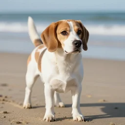 white beagle dog with brown head and one spot on beach, hyper realism, cinematic, volumetric lighting, sunlight, high detail, 8k, depth of field, professional photo, photorealistic,