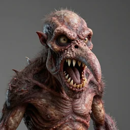 cinematography picture of the monster with human skin, sharp teeth, pupils coming from the jaw, long nose, mutant, claws on head, hairy body, 8k, unreal engine 5, hyper realistic