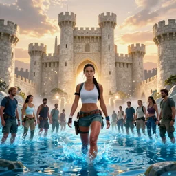 ! dream mila kunis as muscled amazon lara croft wading through blue glowing water, bright white castle stones, 2 0 0 mm focal length, epic vista of old ruins, sundown, golden hour firefly wisps, steve hanks, charlie bowater, mark brooks, steve henderson, justin gerard, mark keathley, victor nizovtsev, tom bagshaw, krenz cushart, ross tran, focal length : 2 0 0. 0 mm