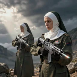 nuns in military uniform with futuristic laser assault rifles