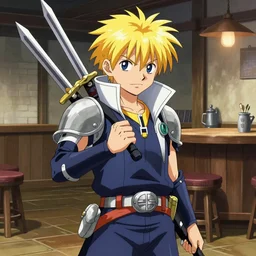 young blonde boy fantasy thief with daggers in a tavern, full metal alchemist, anime style