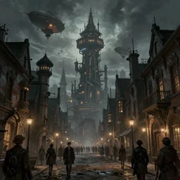 concept art of a victorian industrial street filled with people at night and a monolithic dieselpunk tower on the horizon with steampunk zeppelins in the sky, grimy, gritty, trending on artstation, award winning painting, cgi, art by john berkey and anton fadeev and john howe and simon stalenhag