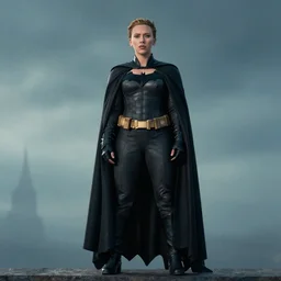 scarlett johansson's batman, full pose, with cape, cape, cape, full length body shot, in a serene foreground, in a serene background, by ashley wood, craig mull