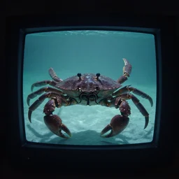 robot crab underwater, in 2 0 1 2, bathed in the the glow of a crt television, crabcore, low - light photograph, photography by tyler mitchell