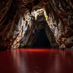 photo of the cave, spot lighting, cinematic tone, deep dark, red water,