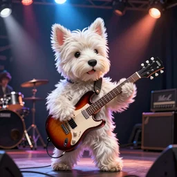 a high detail shot of an Anthropomorphic west highland white terrier Guitarist, playing electric guitar, on rock concert stage, photorealism, ultra detailed, volumetric lighting, epic lighting, artstation, cgsociety, uhd
