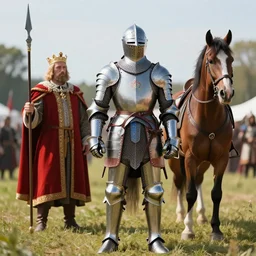 a knight on a horse in colorful battle armor standing before his king on a tournament with a lance, photorealistic, rendered with octane