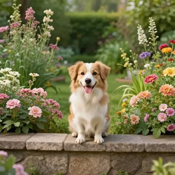 a happy dog overlooking over a garden wall full of flowers, high intricate details, rule of thirds, golden ratio, cinematic light, anime style, graphic novel by fiona staples and dustin nguyen, by beaststars and orange, peter elson, alan bean, studio ghibli, makoto shinkai