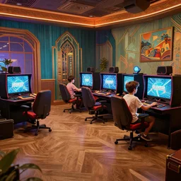 two boys playing game at a spacious gaming room, hi - tech gaming setup, highly detailed interior rendering, 1 9 6 0 s, art deco, unreal engine, art by hugh ferriss