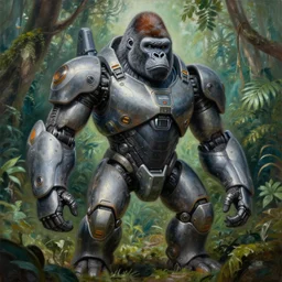 a highly detailed painting of a futuristic anthropomorphic humanoid gorilla mecha posing in a jungle by moebius, paul lehr, mech warrior, trending on artstation, national geographic, 4 k, 8 k, highly detailed, sharp, oil on canvas