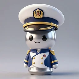 a one foot avatar character with the body of a shiny silver beercan in a blue white and gold navy uniform wearing an oversized admirals hat on an oversized head like a bobblehead,