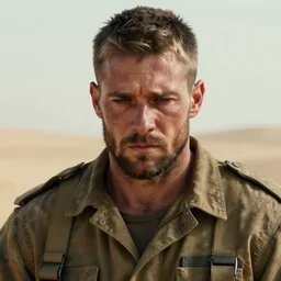portrait of muscular, tired and alcoholic 3 0 - year - ol 5 grieving man with short darkblonde hair, serious sad look in his eyes, looking down, dirty beard, blue eyes, crying tears, wearing dirty soldier uniform, on the desert, sad atmosphere, hyper realistic face, character art, art by mark brooks, cryengine, trending on artstation, digital art