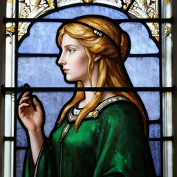 side - view portrait of triss merigold, green clothes, tenth century stained glass window, masterful
