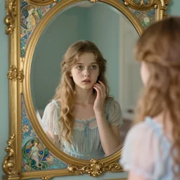 a beautiful young girl at the mirror, daguerreotype by edward hopper, by henri rousseau, by Bosch, art noveau, highly detailed, strong lights, liminal, eerie, Bright pastel colors, octane render, 8k,