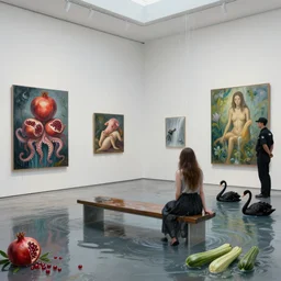 painting of a flooded modern art gallery and a tall emo girl, art gallery interior, security guard, paintings dripping, waterfall, bench seat, sensual, organic, pomegranates, holding a pig, octopus, zen, black swans, courgettes, berries, 1 6 mm lens, surrealist, by magritte and monet