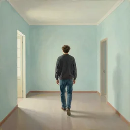 a man wandering around a series of empty pastel coloured rooms incredibly confused oil painting