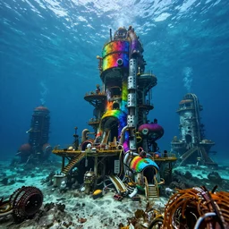 an underwater oil filled technicolor rainbow dystopian city that's run down