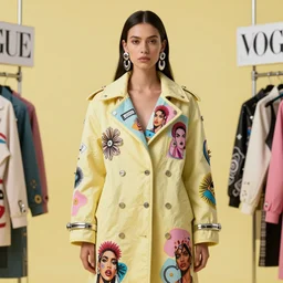 coat for a rave, hairstyle, earrings, bright soft colors, soft yellow background, many details, prints, photo for a magazine, photo for a store, fashion photography, Vogue, 135 mm, cinematic, hyper realism, high detail, octane render, 8k, chrome accents, very coherent symmetrical artwork, perfect face model, Soft light, Reduced contrast