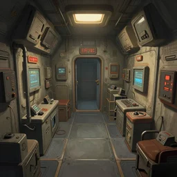 A beautiful artwork illustration, level design, third person, an escape room in a small, cramped space ship, featured on artstation, wide angle, horizontal orientation