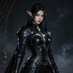 Portrait of a female Elf Rogue named \'Mistress of Death\', high fantasy, epic, black leather armor, delicated young face, curves, pretty, dagger, darkness, chiaroscuro, smoke, dnd, by Leng Jun, by Leonardo Da Vinci, by Frank Franzzeta, trending, artstationHD, artstationHQ, cgsociety, octane, ultra HD, 8k
