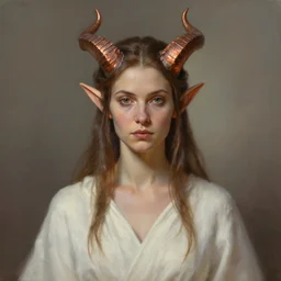 A head-on, symmetrical detailed oil portrait of an elf woman with small horns of copper wearing a simple white robe, by greg rutkowski, trending on artstation, dungeon and dragons art