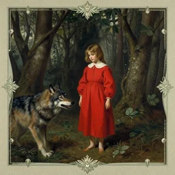 a baroque painting of a girl wearing red lost in the dark woods, a terrifying wolf is watching her, 1 9 7 0 s, seventies, wallpaper, delicate embellishments, painterly, offset printing technique, by brom, robert henri, walter popp