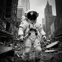 american white spacesuit astronaut with oversized helmet in postapocalyptic abandoned destroyed times square, destroyed buildings, heavy vignette!, dramatic dark, grayscale 1 9 0 0 s picture