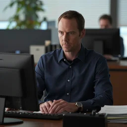 still image from TV series, Dexter Morgan, sitting behind a desk, working in an office, depth of field, bokeh