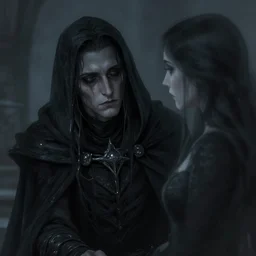 portrait of a depressed necromancer looking at the ghost of her lover, sad, gloomy, detailed, high fantasy, by rossdraws, artgerm, franzzeta, sharp focus, smooth, digital illustration