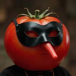 a highly detailed tomato character, hooknosed, wearing a black pulcinella masquerade mask, cinematic lighting, deviantart, concept art, lowbrow, surrealism, artstation, acclaimed movie still