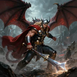 Thor Fighting a Dragon with Mjolnir, epic battle, artstation, deviant art, dark fantasy