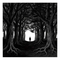 in the black wind, gnarled forest, trees on a darkling plain, tree roots, drawn by christan delort and jean gireaud, low camera, wide angle, centered composition, golden ratio