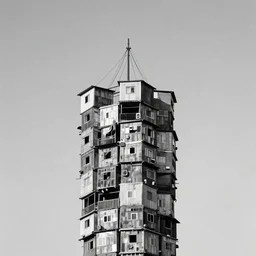 a tower made up of makeshift squatter housing, mamiya, 8 5 mm, f 1. 7, uniform plain sky, fine details, photographed by ansel adams