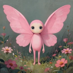 one pink fairy with large wings exploring her lonely flower garden by herself in the style of tom bagshaw, extremely detailed, muted colors, symmetrical faces, 4 limbs, large eyes, beautiful faces