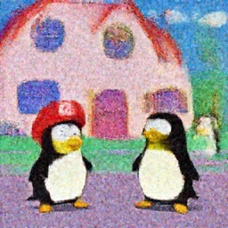 The penguins from the madagascar movie, playing mario cart, in The Simpson's house.