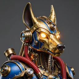 awardwinning portrait photo of a steampunk horus, wearing a glowing golden and blue metallic steampunk helmet with red tubes and shiny metallic devices, 3 d render, crisp, 8 k, fluorescent colors, insanely integrate, nikon photography