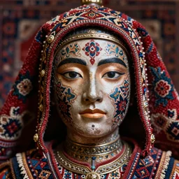 macro photo of a contemporary pile warrior figure with a Persian carpet painted symmetrical face, depth of field, intricate, delicate, by Jonas Jensen, Magnum photos
