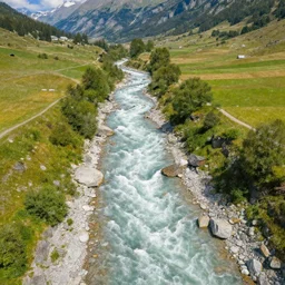 a river flowing through the mountains of austria, aerial view, beautiful painting, bright light, hdr, impressionsim,