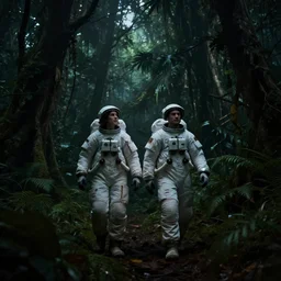 one male and a female astronaut's promethus walking in a tropical rainforest environment low cinematic lighting atmospheric realistic octane render highly detailed in the style of mullins a very dark and deep forest inside of tropical rain forest very dark spooky nightime lighting