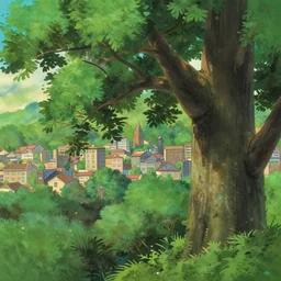 a close - film still of a disney ghibli pixar painting style forest city, close up at theash tree, trending on pixiv fanbox, painted by makoto shinkai ghibli studio takashi takeuchi studio ghibli, aki
