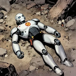 A robotic superhero lying atop a field of rubble, comic book panel, 2016