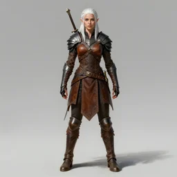 white haired elven woman, hunting outfit, full body leather armor, portrait, centered, muscular, fantasy, highly detailed, sharp, digital painting,, cell shading