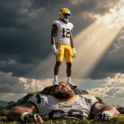 lamar jackson standing on top of the body of tj watt