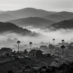 misty landscape of armenia quindio with houses and some wax palms, digital art, flcl style, minimalist, japanese art, emo goth phone wallpaper